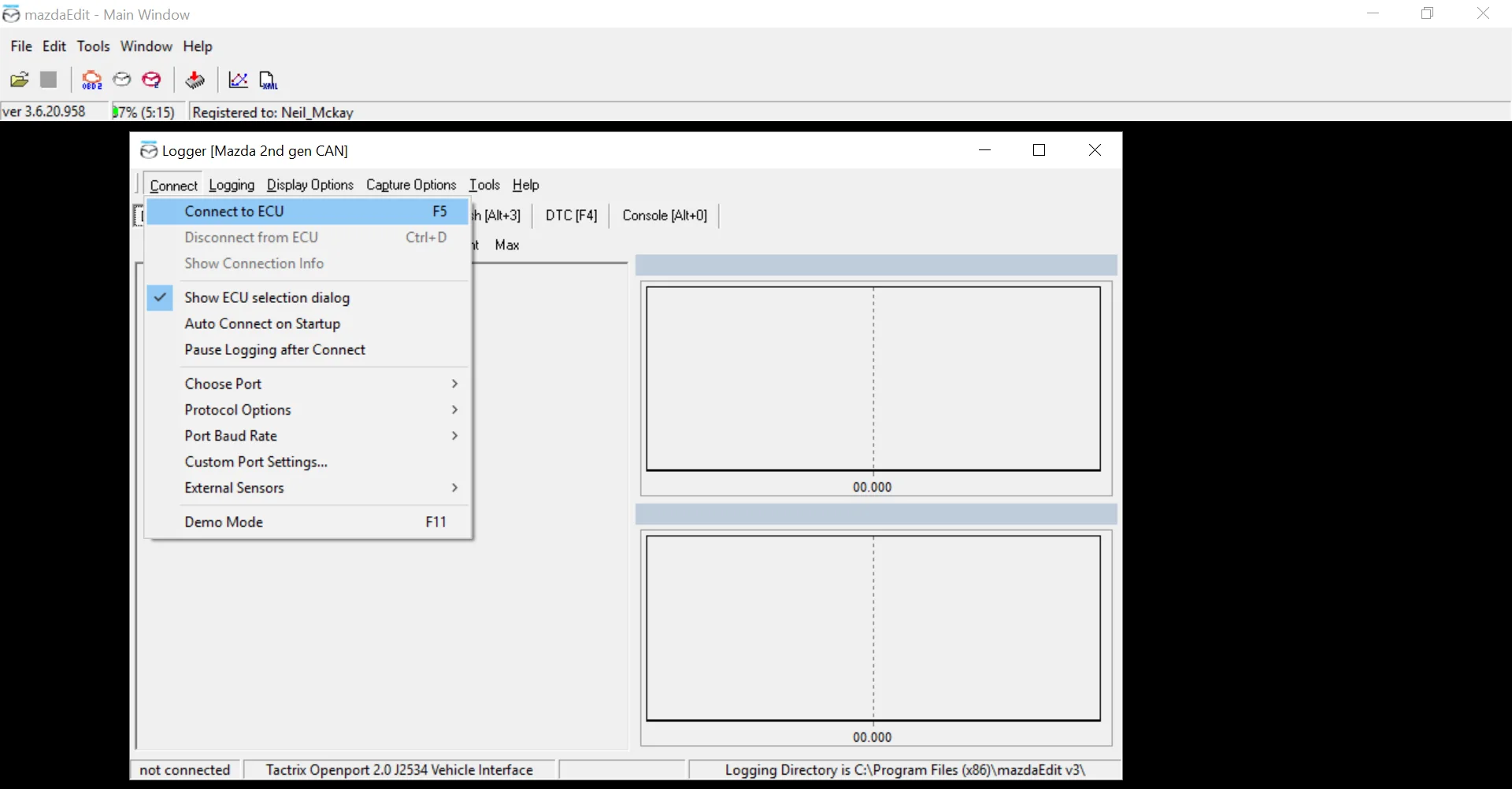 MazdaEdit Logger Connect menu with Connect to ECU highlighted