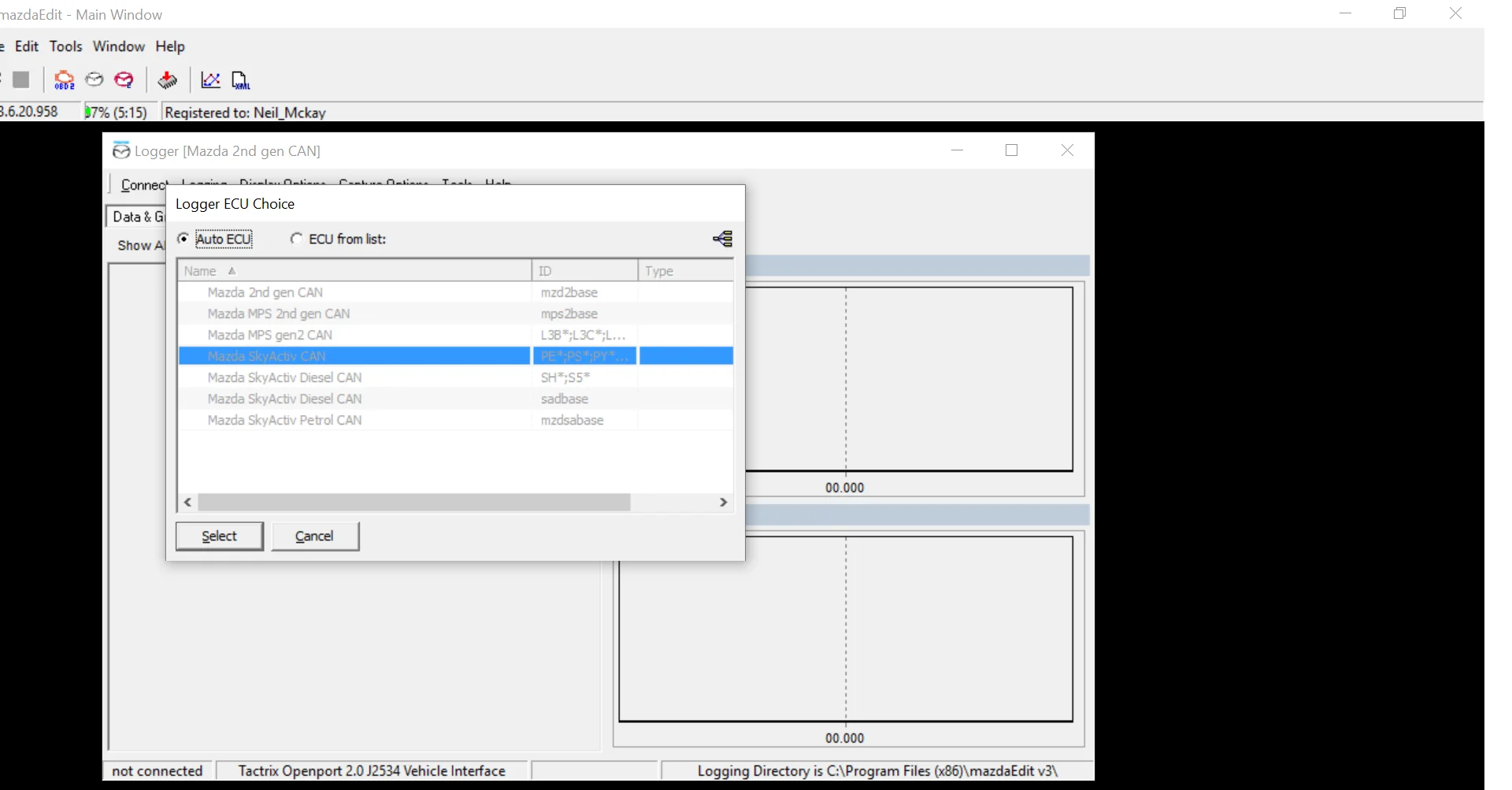 MazdaEdit Logger ECU choice dialog with Auto ECU selected
