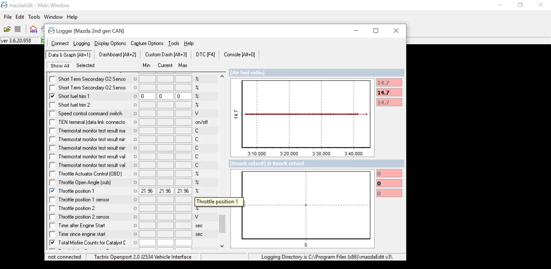 MazdaEdit Logger channel list and live graphs
