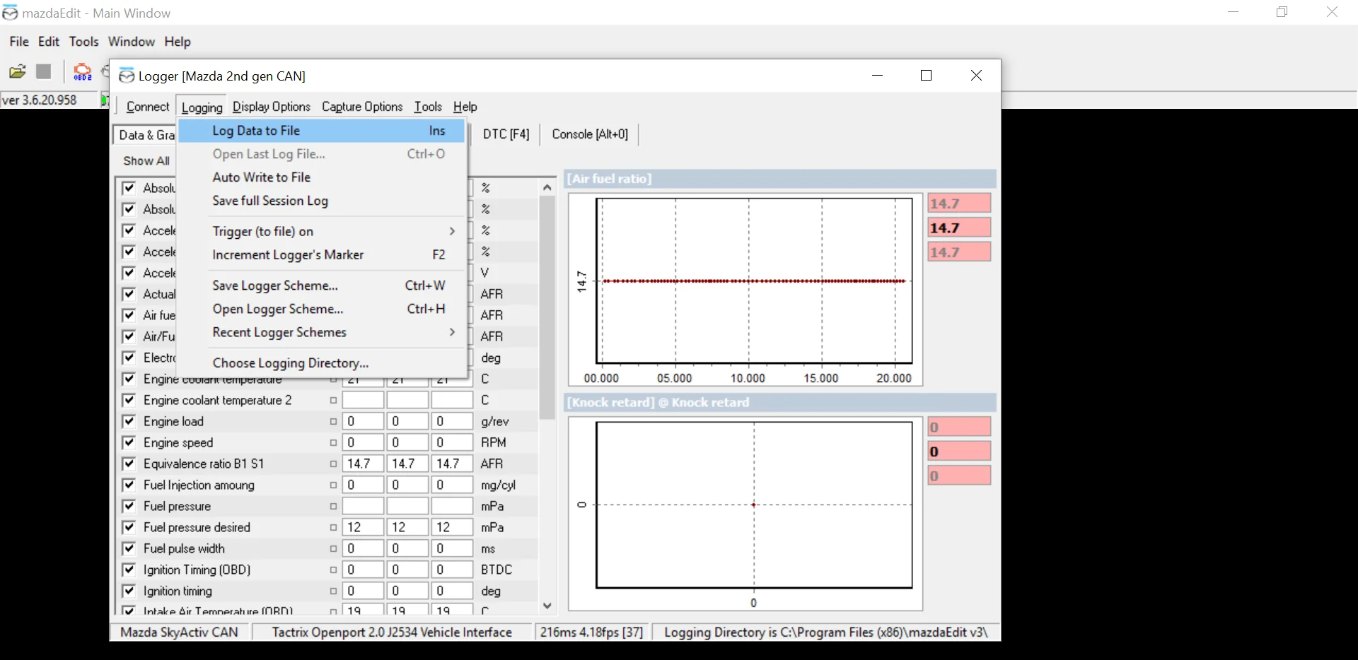 MazdaEdit Logging menu with Log Data to File highlighted