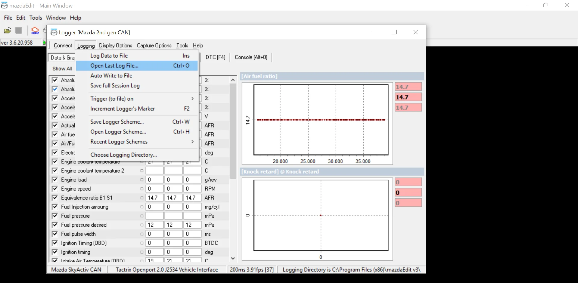 MazdaEdit Logging menu with Open Last Log File highlighted