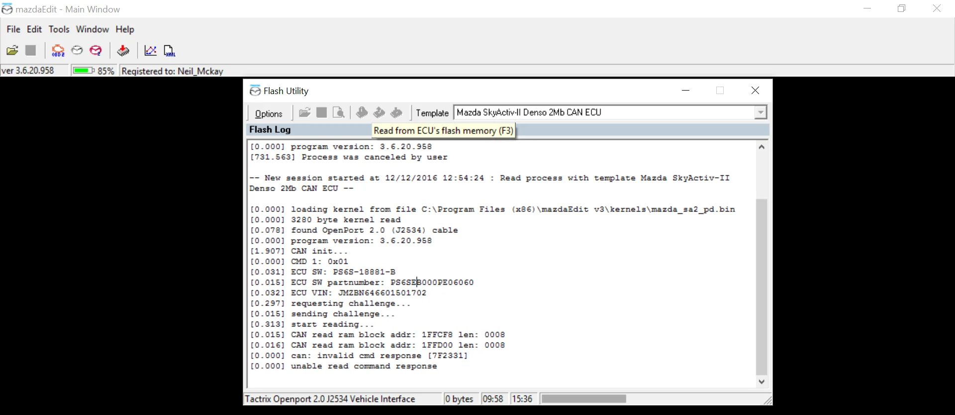 MazdaEdit Flash Utility reading the ECU flash memory