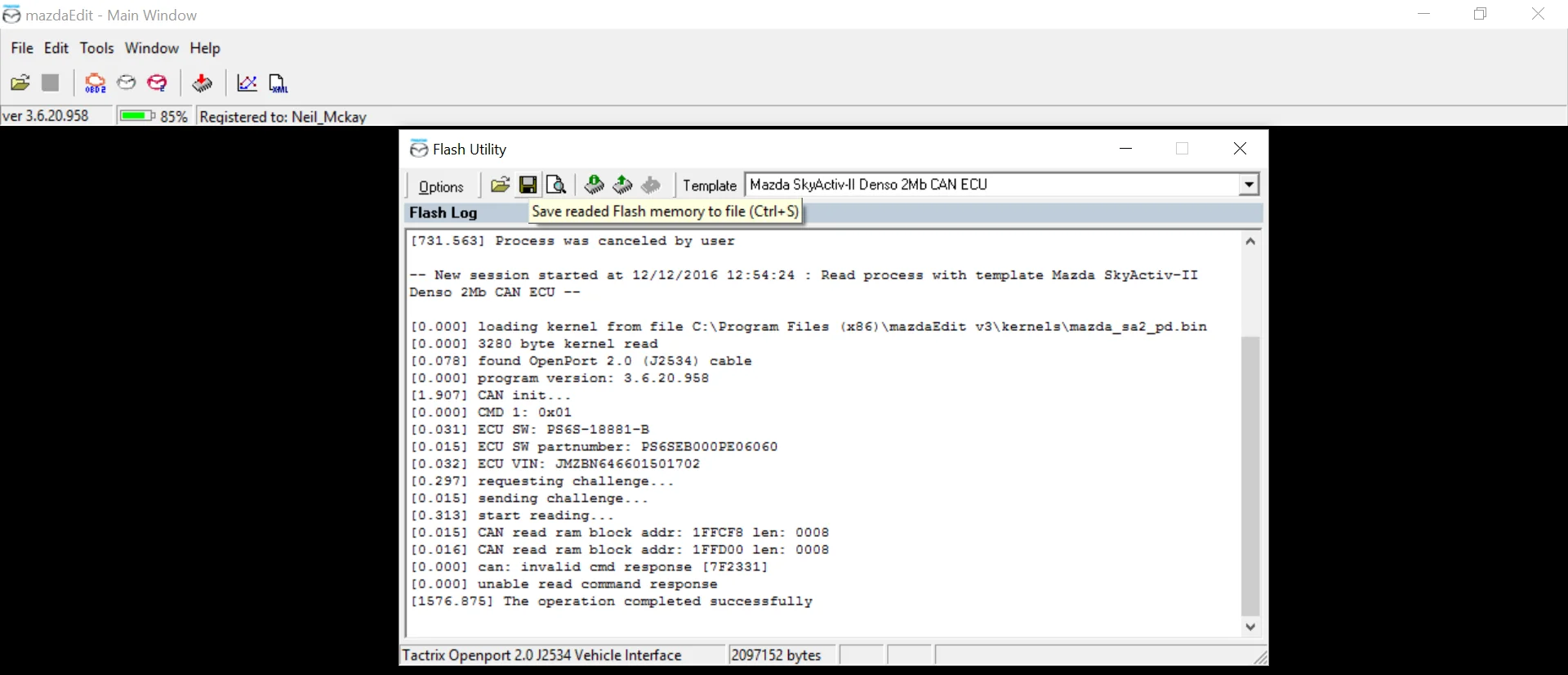 MazdaEdit Flash Utility showing a completed ECU read and save command
