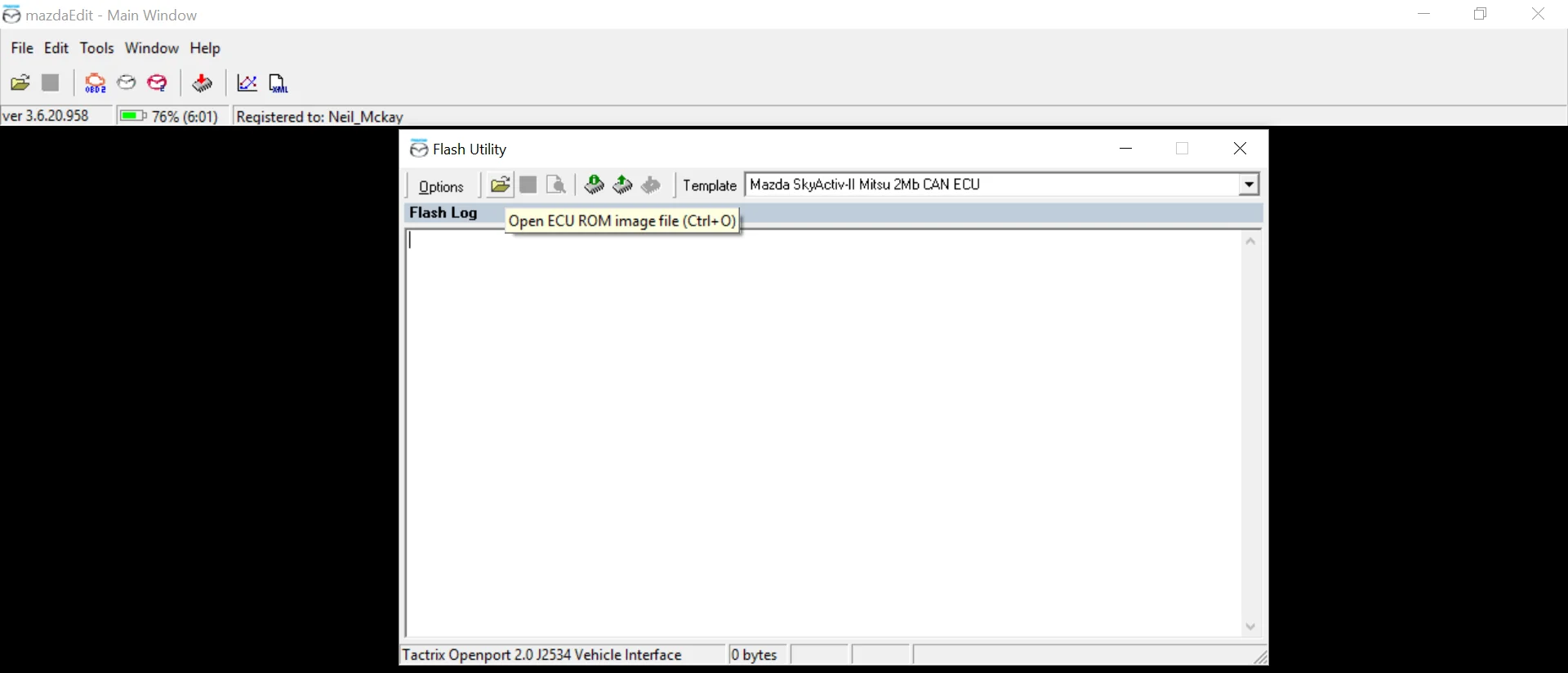 MazdaEdit Flash Utility with Open ECU ROM image file highlighted