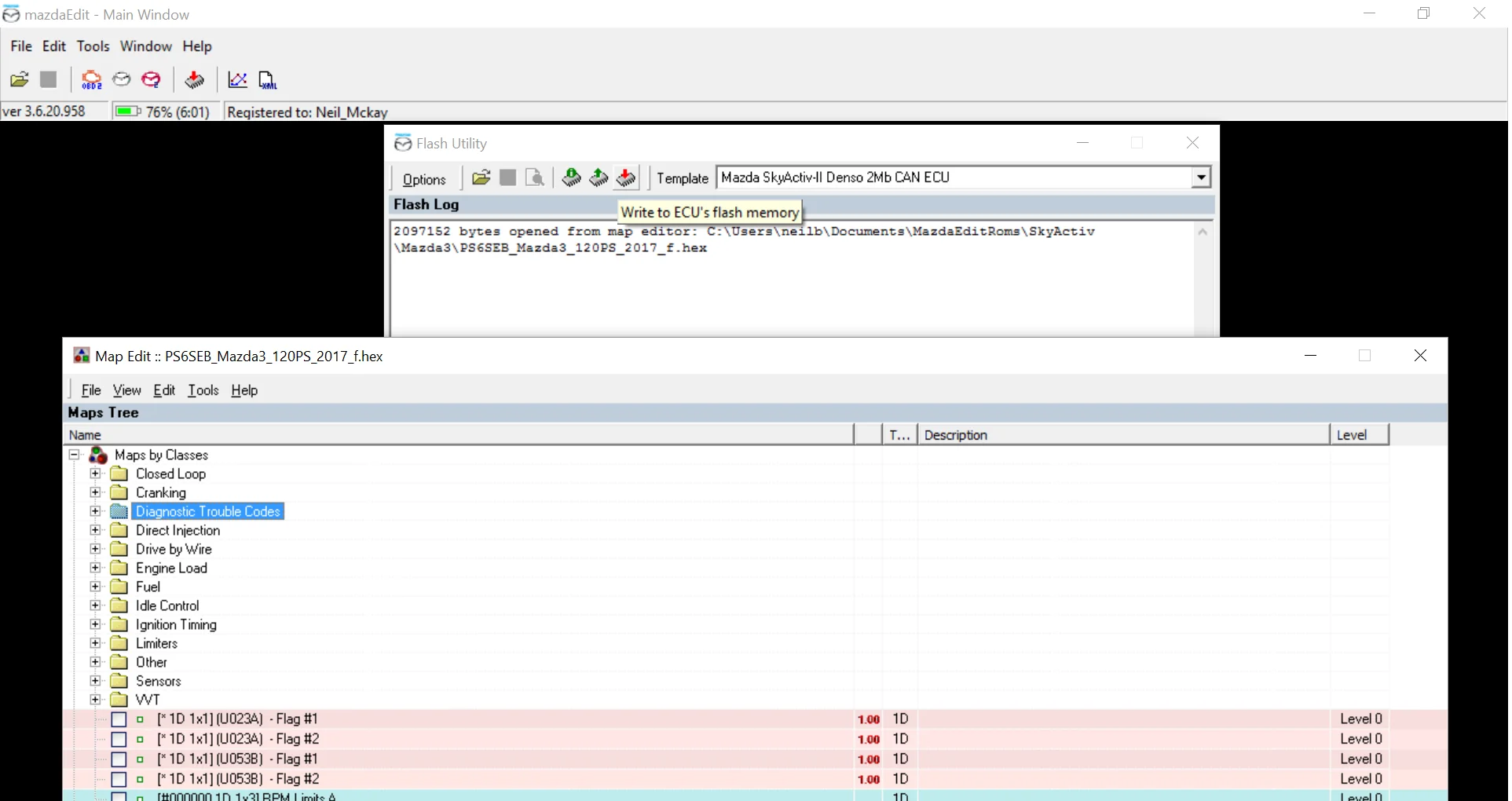 MazdaEdit Flash Utility with Write to ECU flash memory highlighted