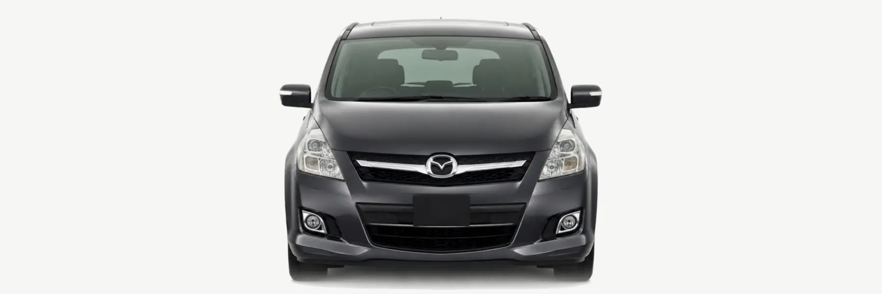 Front view of a graphite Mazda MPV and Mazda8 LY fading into the page background